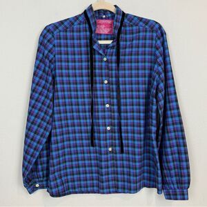 Rustic Outfitters Blue Plaid Velvet Ribbon Tie Front Equestrian Shirt L